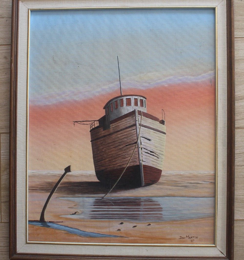 1987 America Premium Quality Vintage Wooden Boat Pic Framed Wall Painting Signed