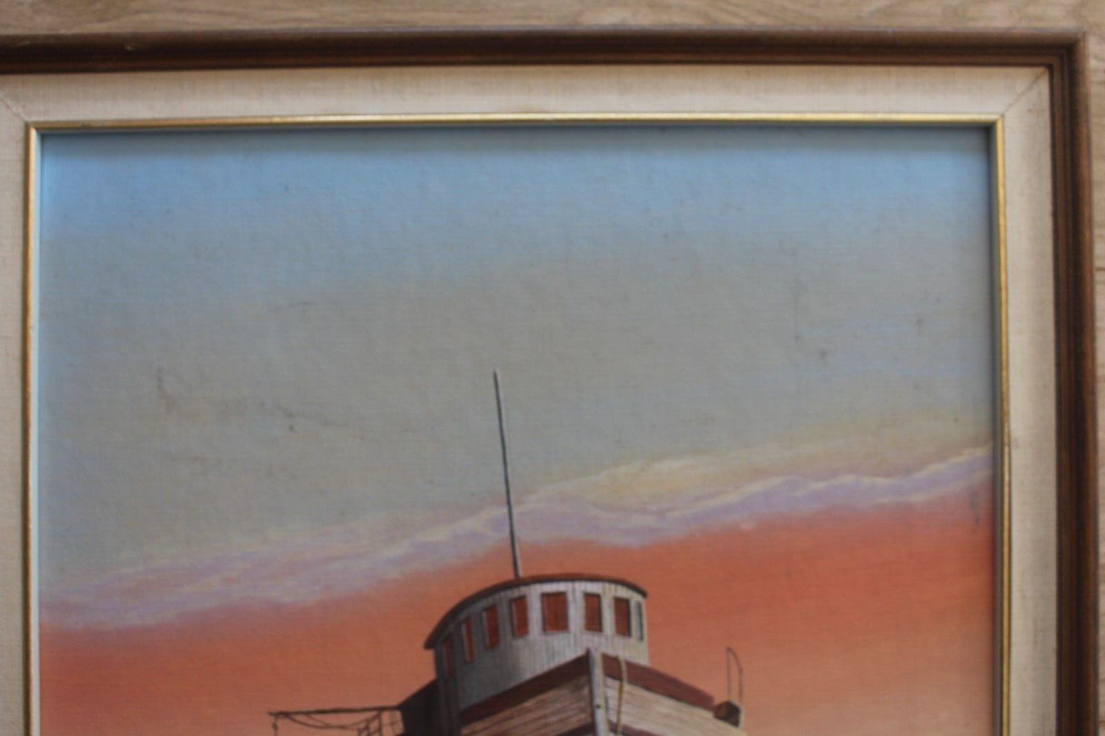 1987 America Premium Quality Vintage Wooden Boat Pic Framed Wall Painting Signed photo for sale