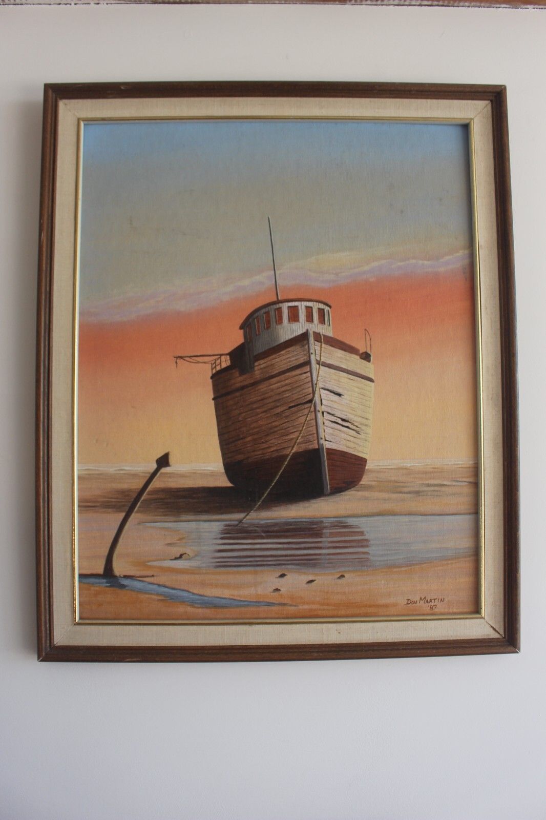 Art 1987 America Premium Quality Vintage Wooden Boat Pic Framed Wall Painting Signed photo