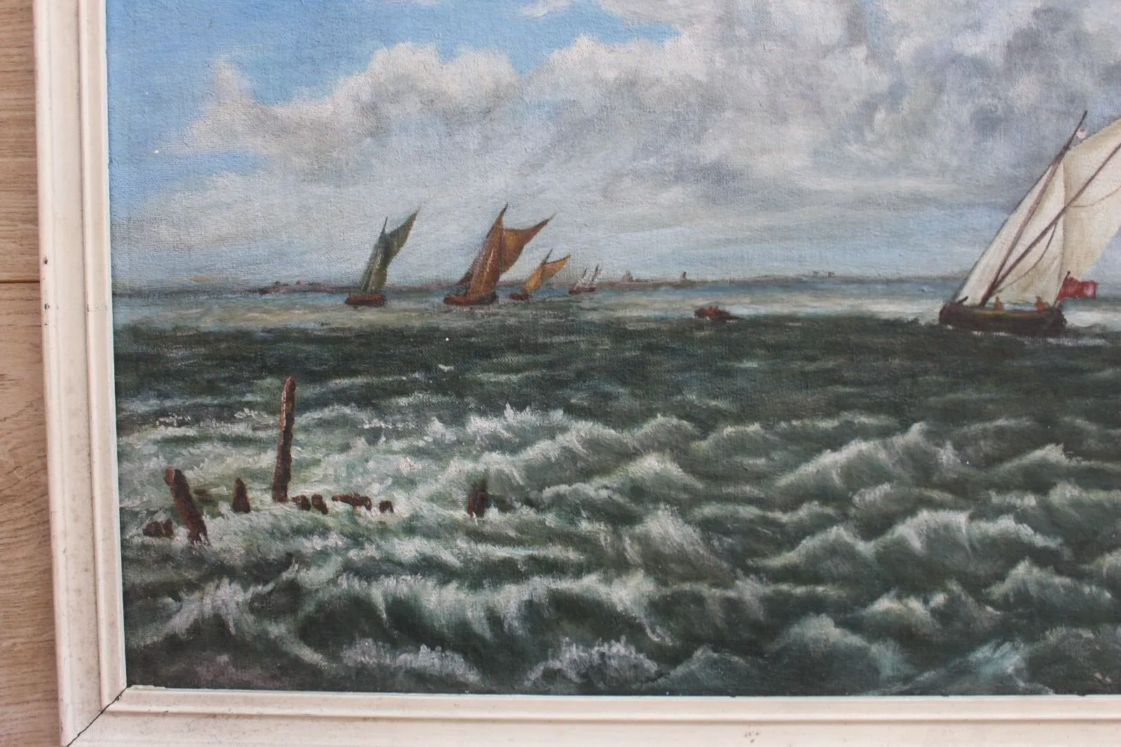 Vintage Spritsail Barges Thames Oil Acrylic Wall Pic Framed Signed Jh photo vinterior