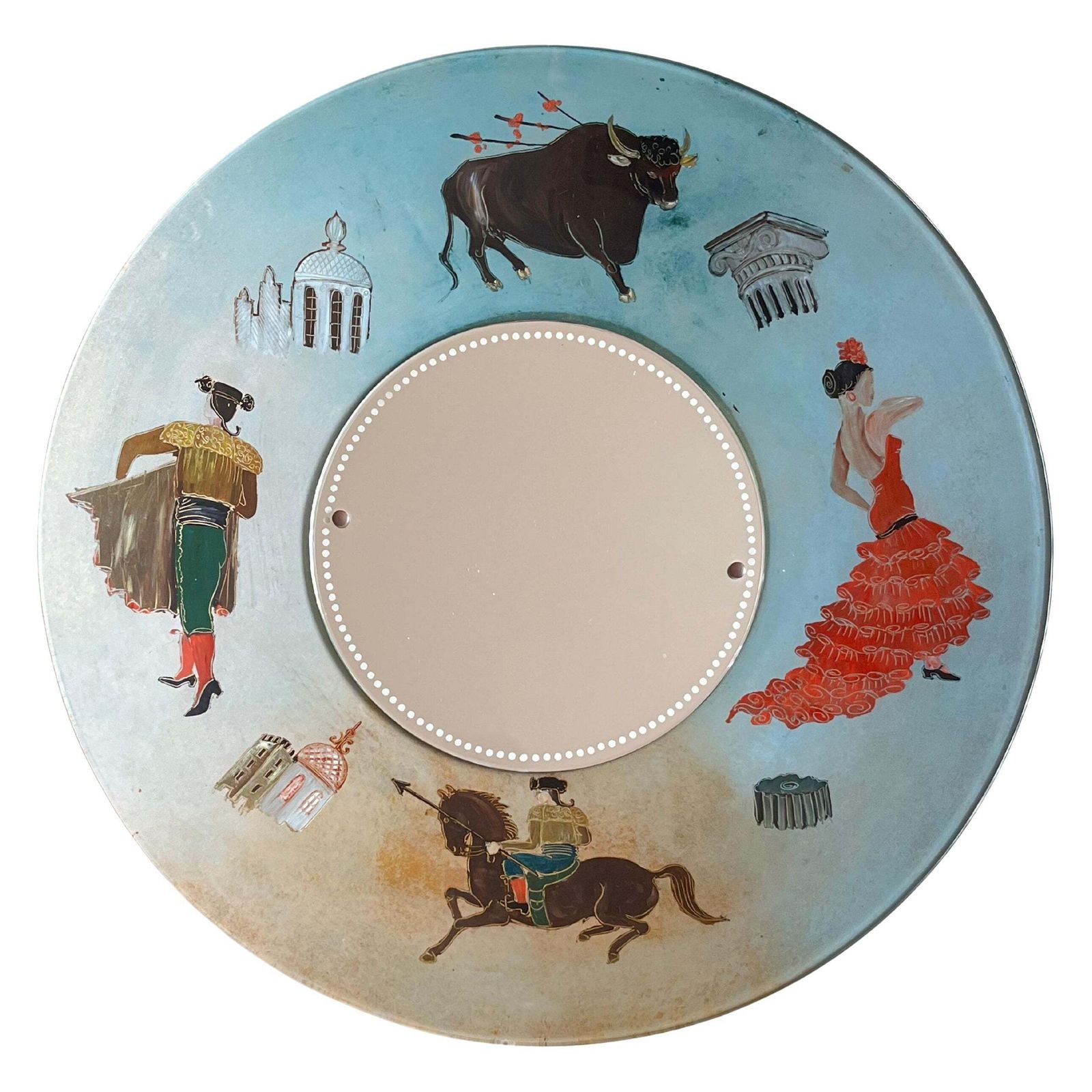 Large Spanish Mid Century Hand Painted Glass Wall Mirror, 1950s