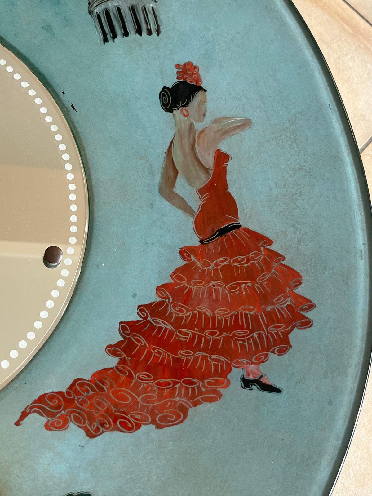 Large Spanish Mid Century Hand Painted Glass Wall Mirror, 1950s photo Home Decor
