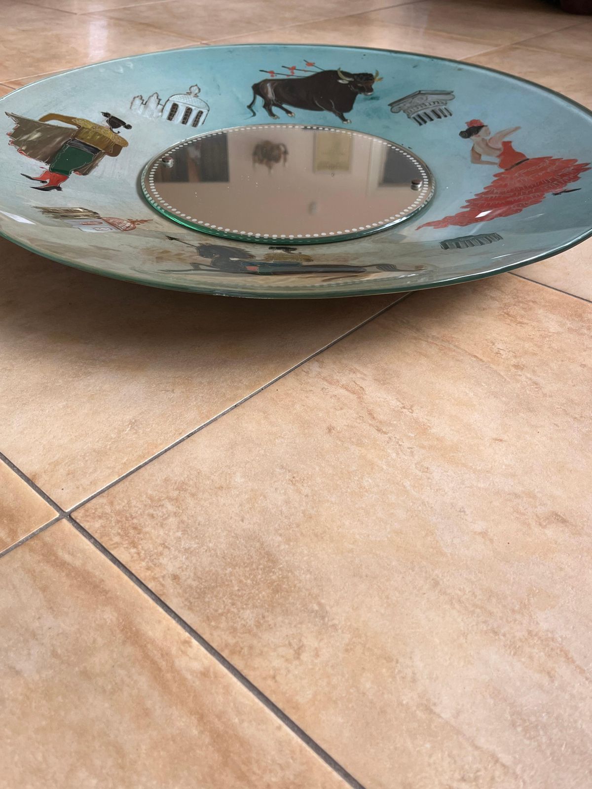 Large Spanish Mid Century Hand Painted Glass Wall Mirror, 1950s photo vintage