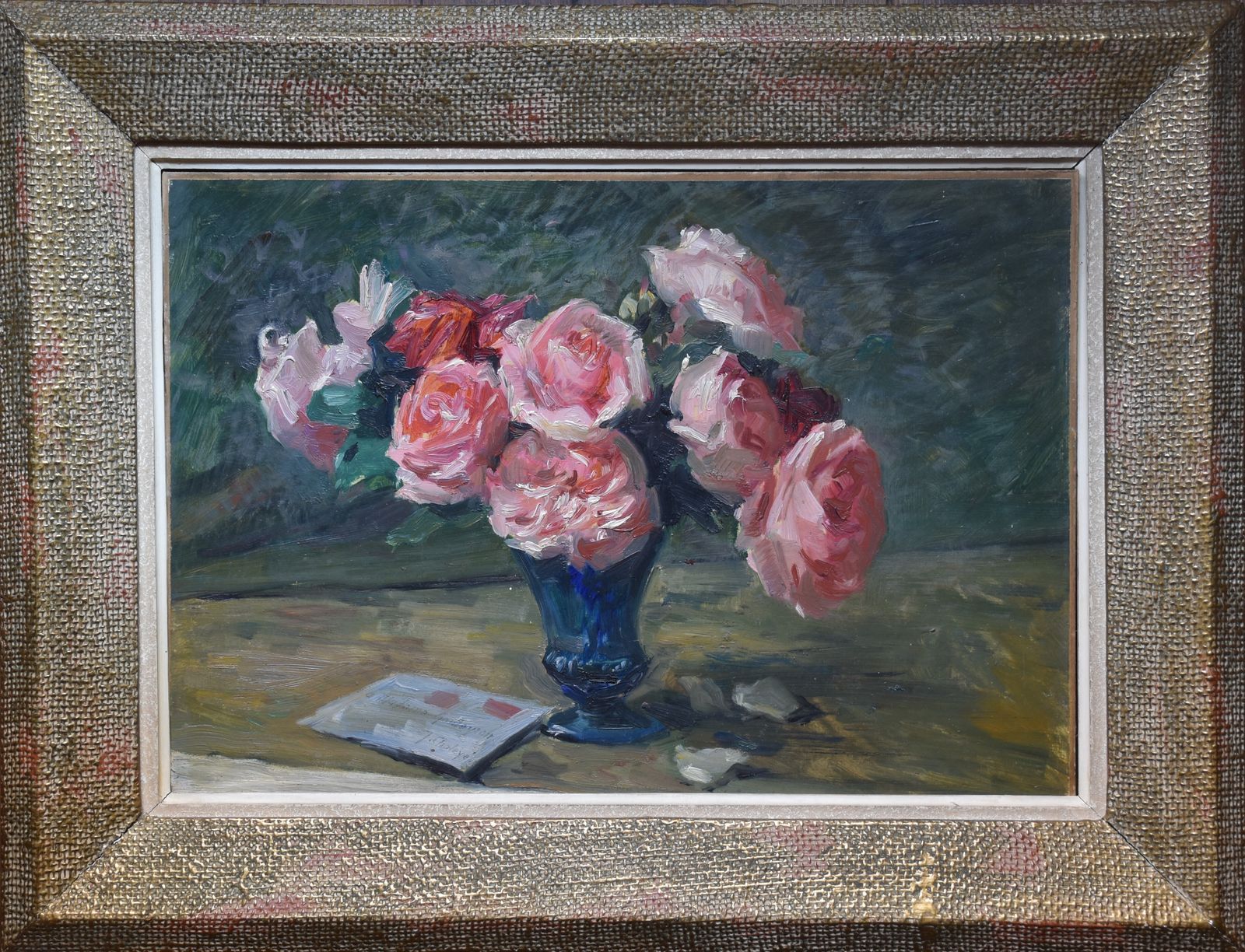 Jean Chaleyé, Roses In A Blue Glass Vase (Circa 1920) photo for sale