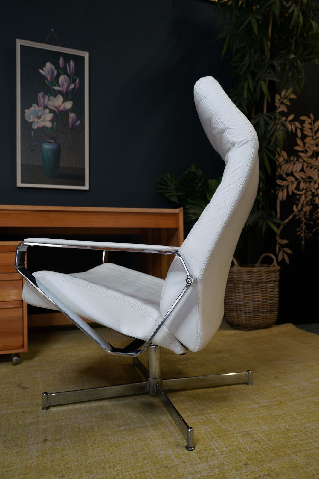 Vintage Danish Modern High Back Swivel Lounge Chair | Chrome & White Leather photo furniture