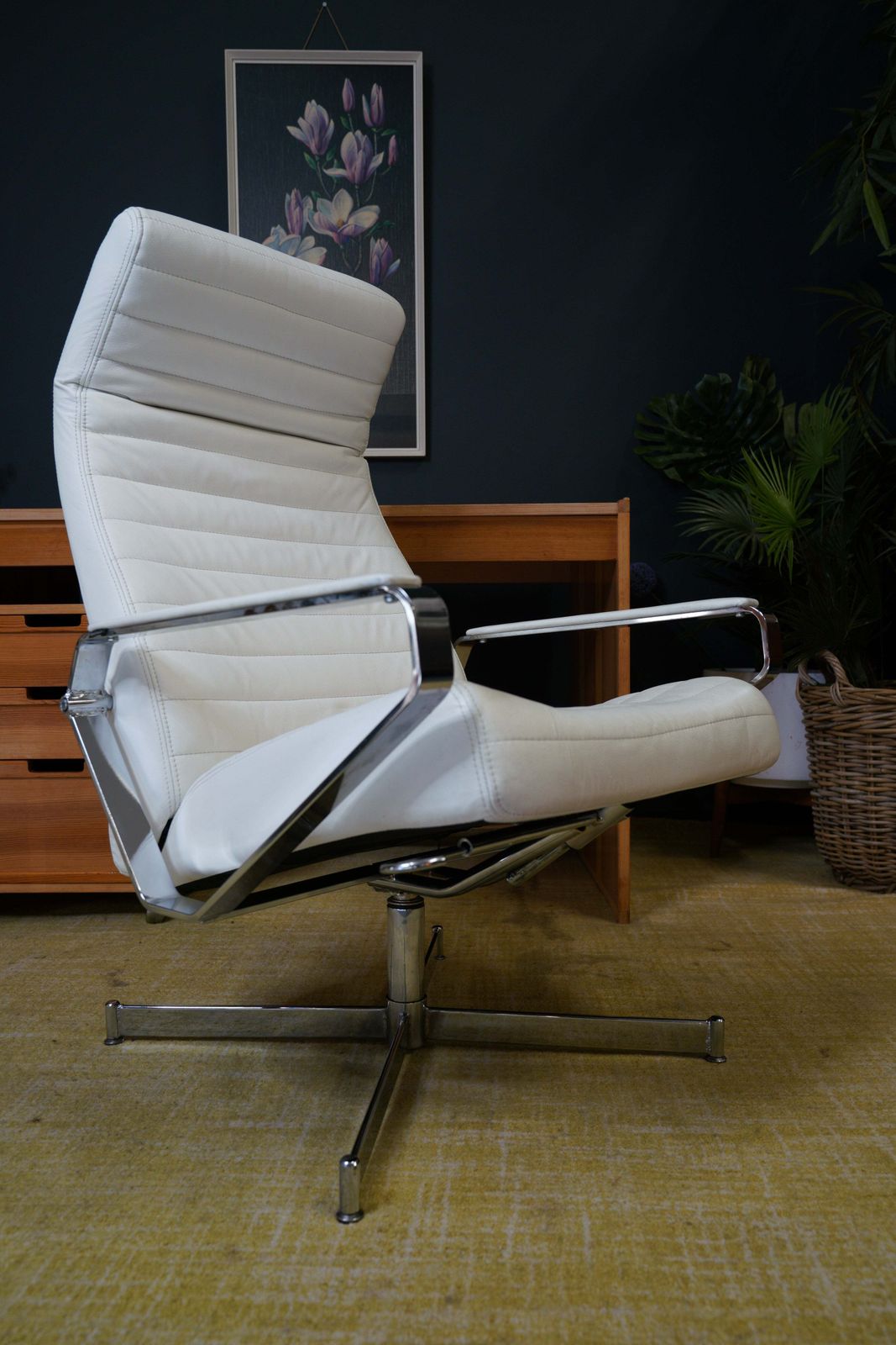 Vintage Danish Modern High Back Swivel Lounge Chair | Chrome & White Leather photo for sale