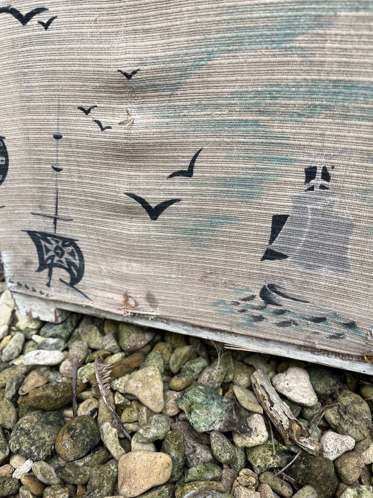 Charming 1950’s Folding Screen With Ships And Waves Fabric photo for sale
