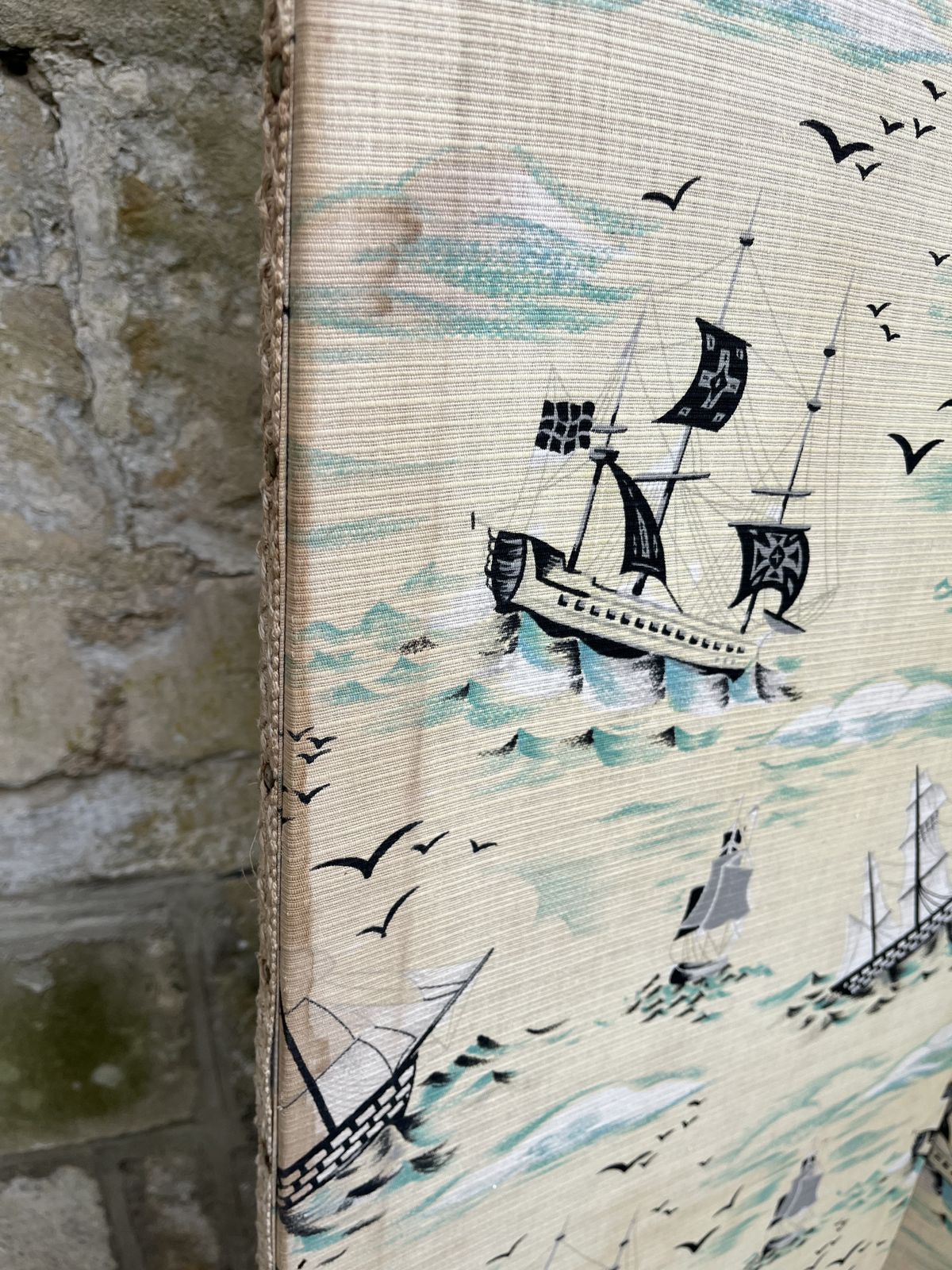 Charming 1950’s Folding Screen With Ships And Waves Fabric photo buy