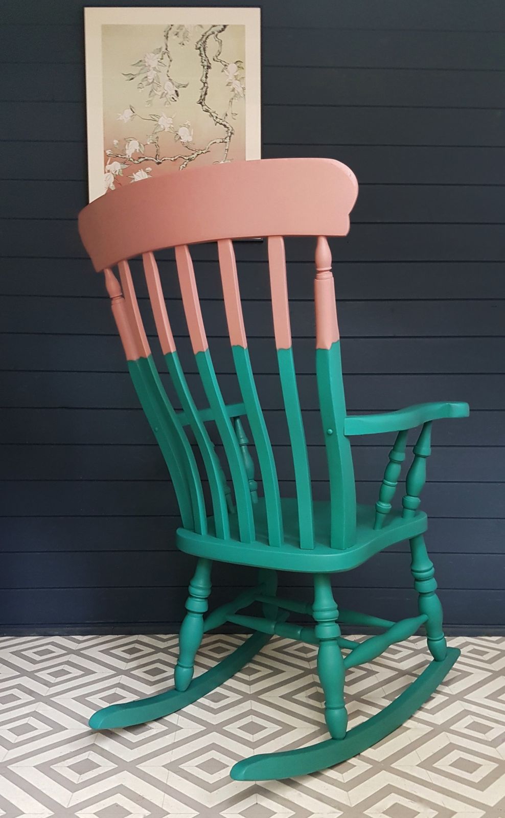 Two Tone Teal And Pink Painted Wooden Rocking Chair photo furniture
