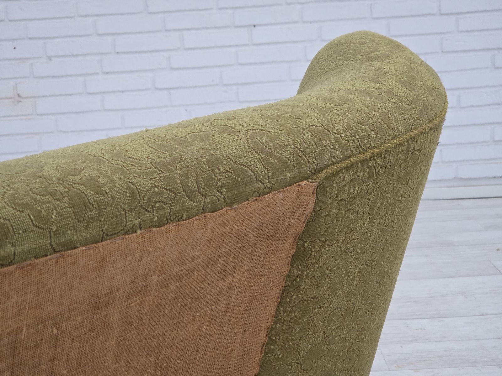 1960s, Danish 3 Seater Sofa, Green Furniture Velour, Ash Wood. photo 1650.0