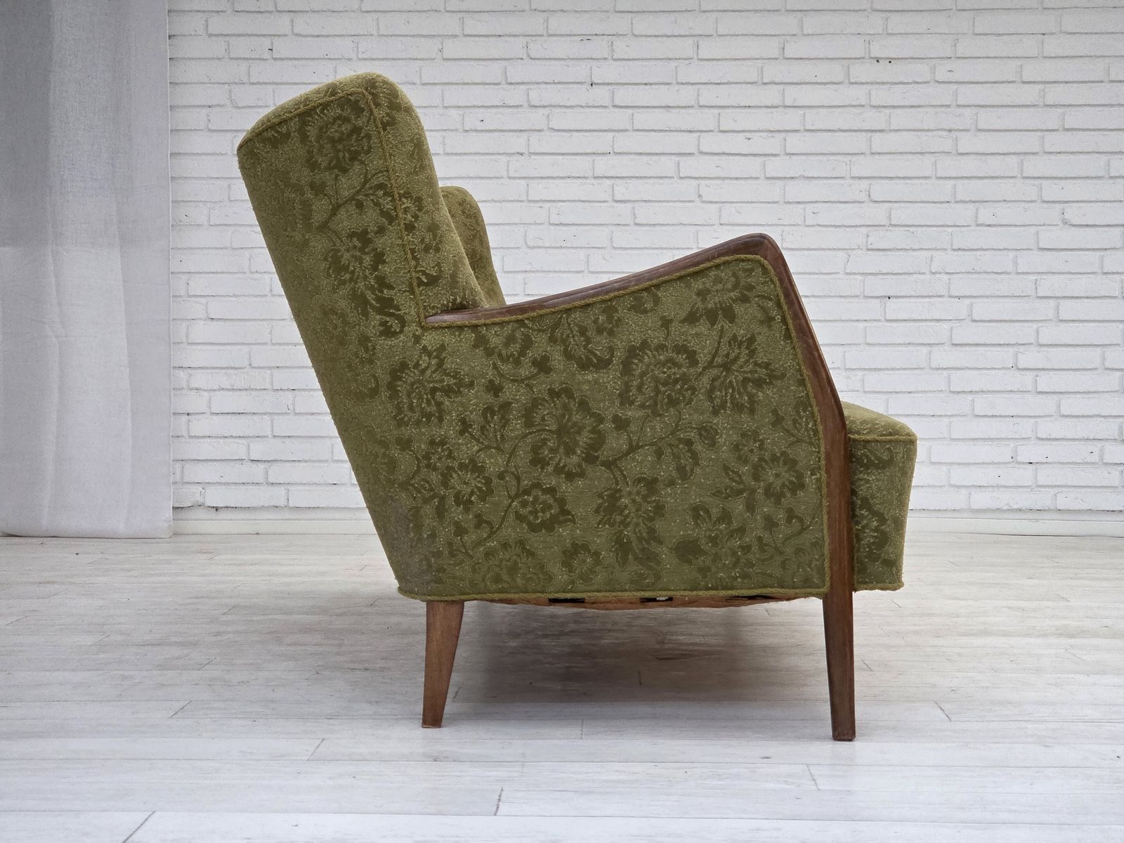 1960s, Danish 3 Seater Sofa, Green Furniture Velour, Ash Wood. photo vinterior