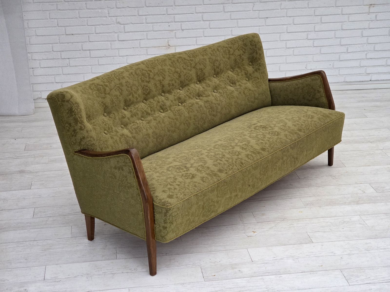 1650.0 1960s, Danish 3 Seater Sofa, Green Furniture Velour, Ash Wood. photo