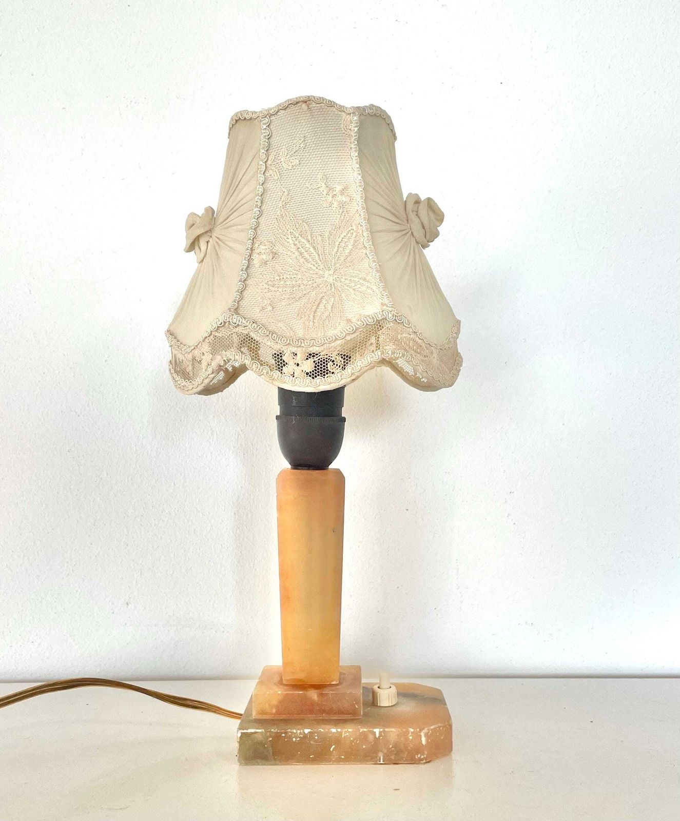 Gorgeous Vintage Danish Red Alabaster Art Deco Table Lamp With Elegant Details And Fabric Shade With Decoration And Lace photo for sale
