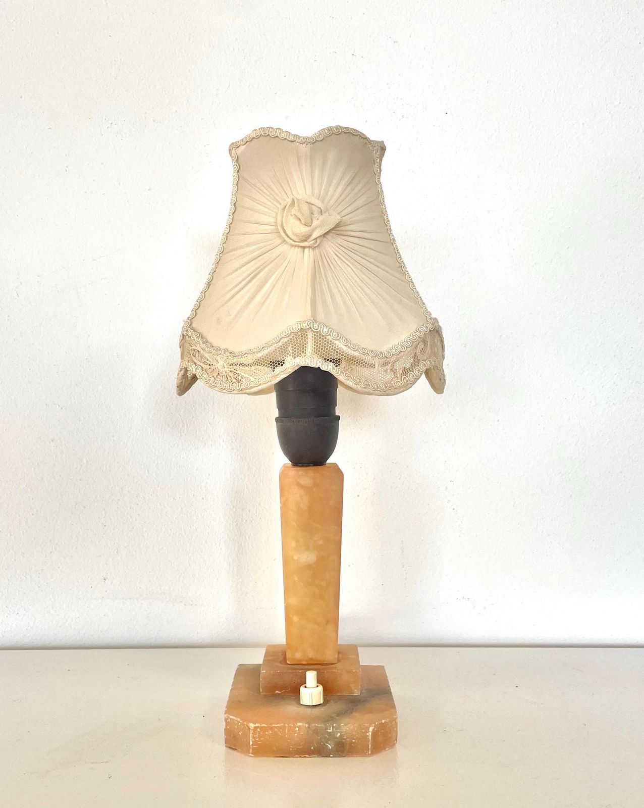 Gorgeous Vintage Danish Red Alabaster Art Deco Table Lamp With Elegant Details And Fabric Shade With Decoration And Lace photo Lighting