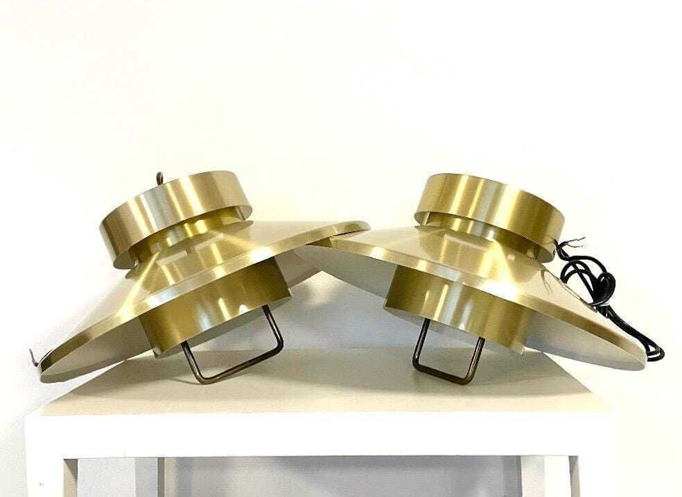 Danish Mid Century Modern Pair Of Lyskær Design Minimalist Ceiling Lamps With Gold Painted Multilayer Metal Shades And Hanger photo Lighting
