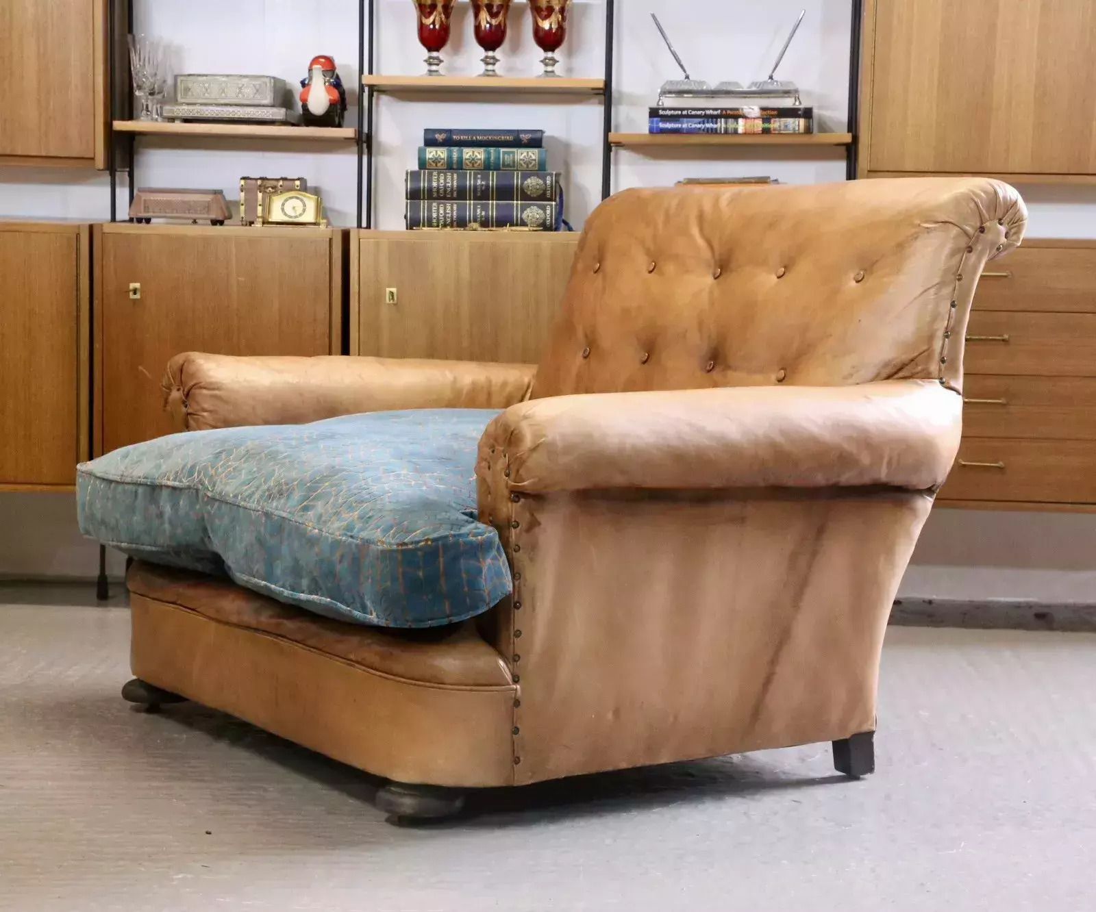 French Art Deco Style Brown Leather Loveseat Armchair photo furniture