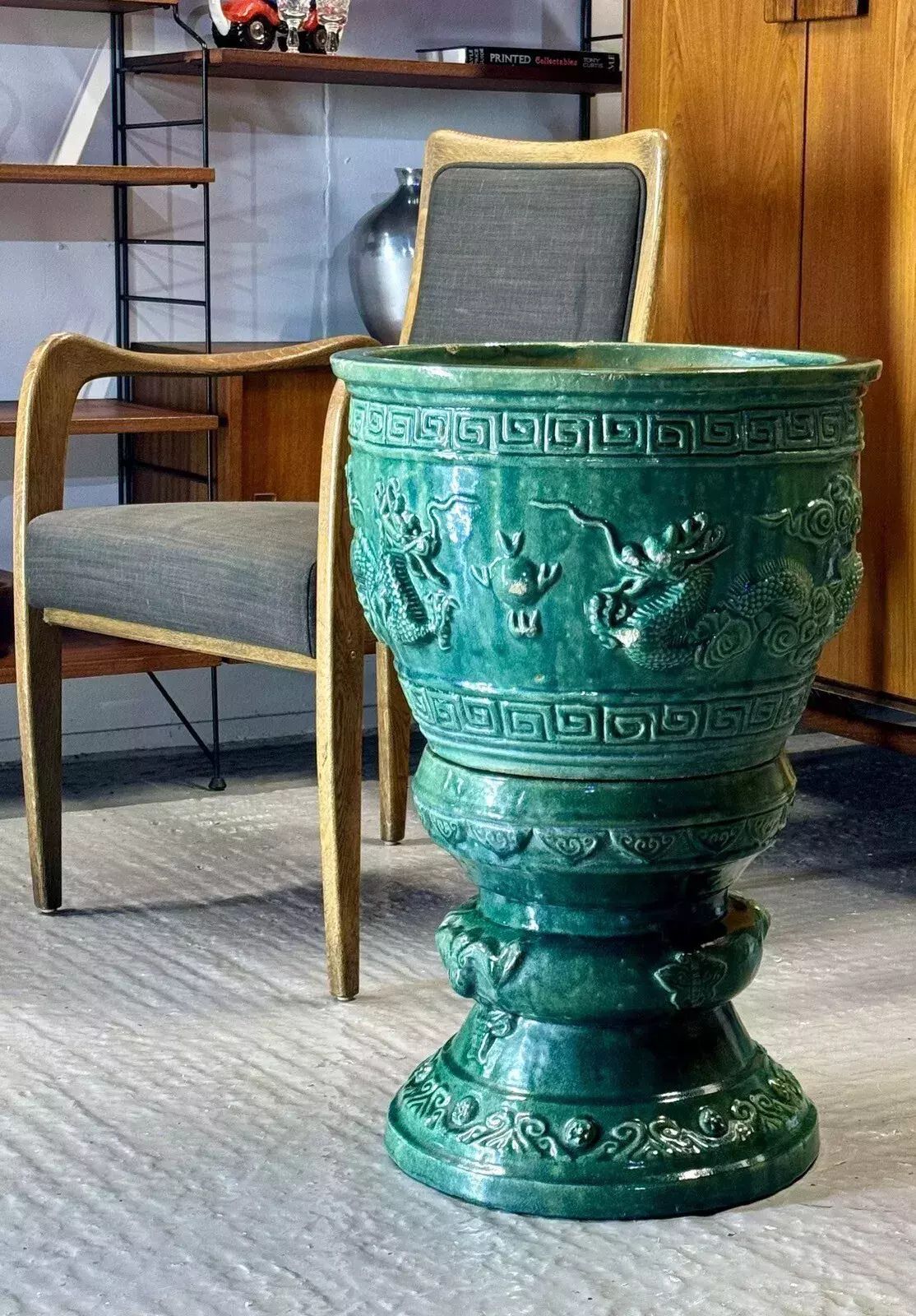 Large Chinese Emerald Green Dragon Glazed Ceramic Porcelain Pedestal Jardinière photo Home Decor