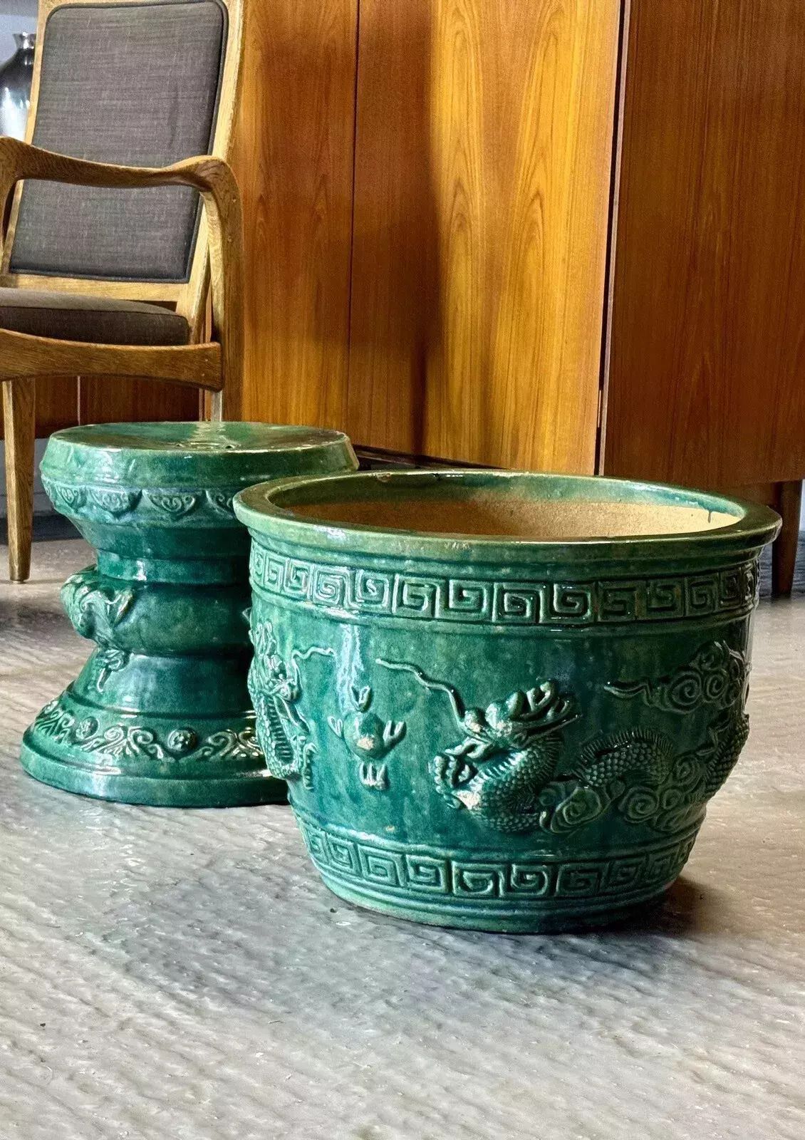 Large Chinese Emerald Green Dragon Glazed Ceramic Porcelain Pedestal Jardinière photo buy