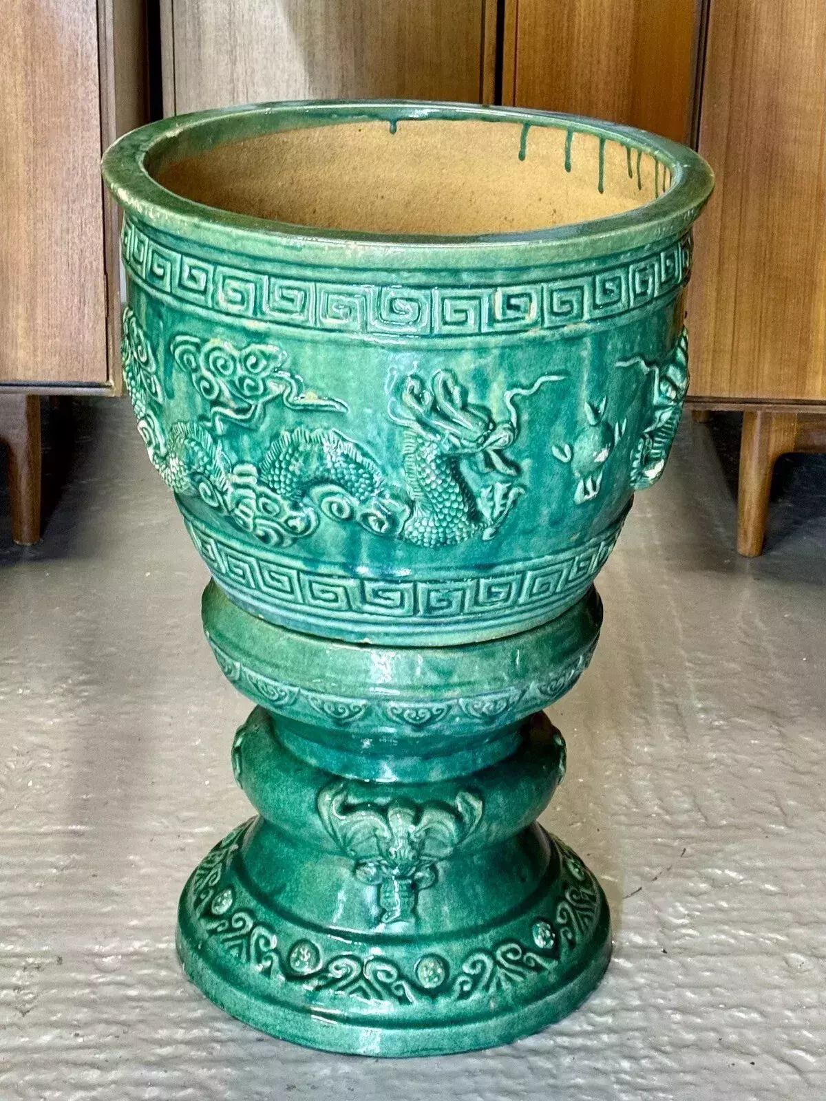 2000.0 Large Chinese Emerald Green Dragon Glazed Ceramic Porcelain Pedestal Jardinière photo