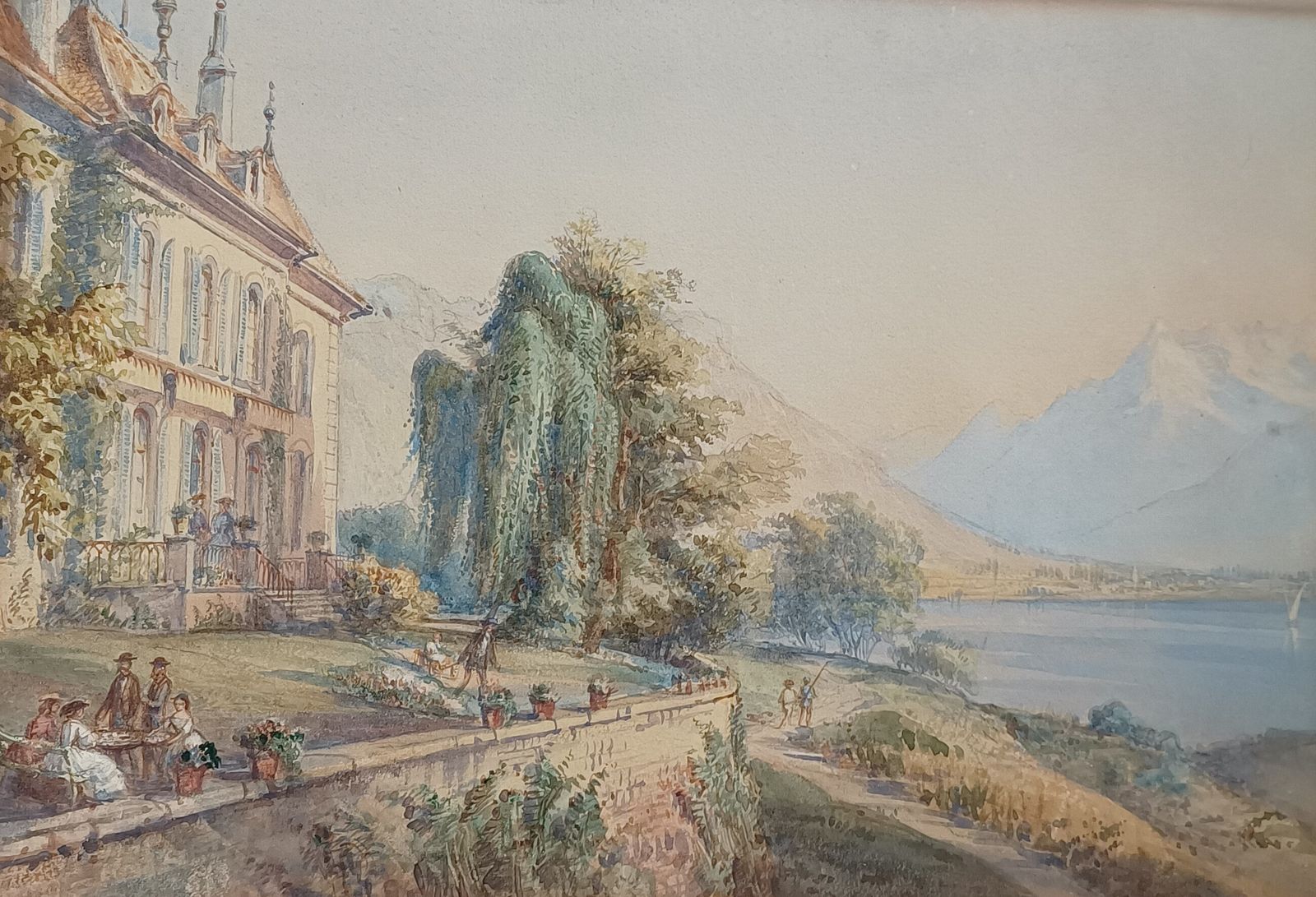 Antique Watercolour Painting Lakeside European Villa Mountain Landscape Unframed. photo 75.0