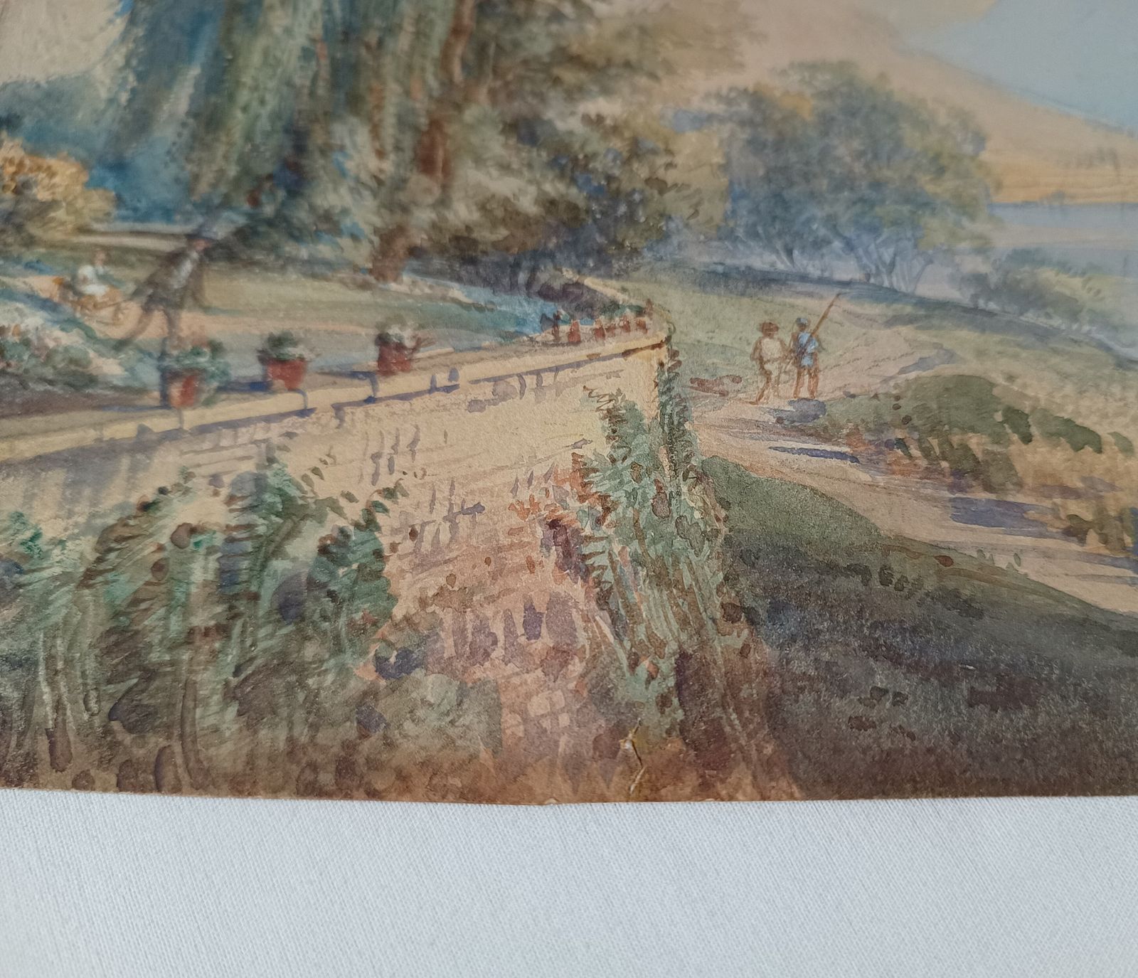 Antique Watercolour Painting Lakeside European Villa Mountain Landscape Unframed. photo vinterior