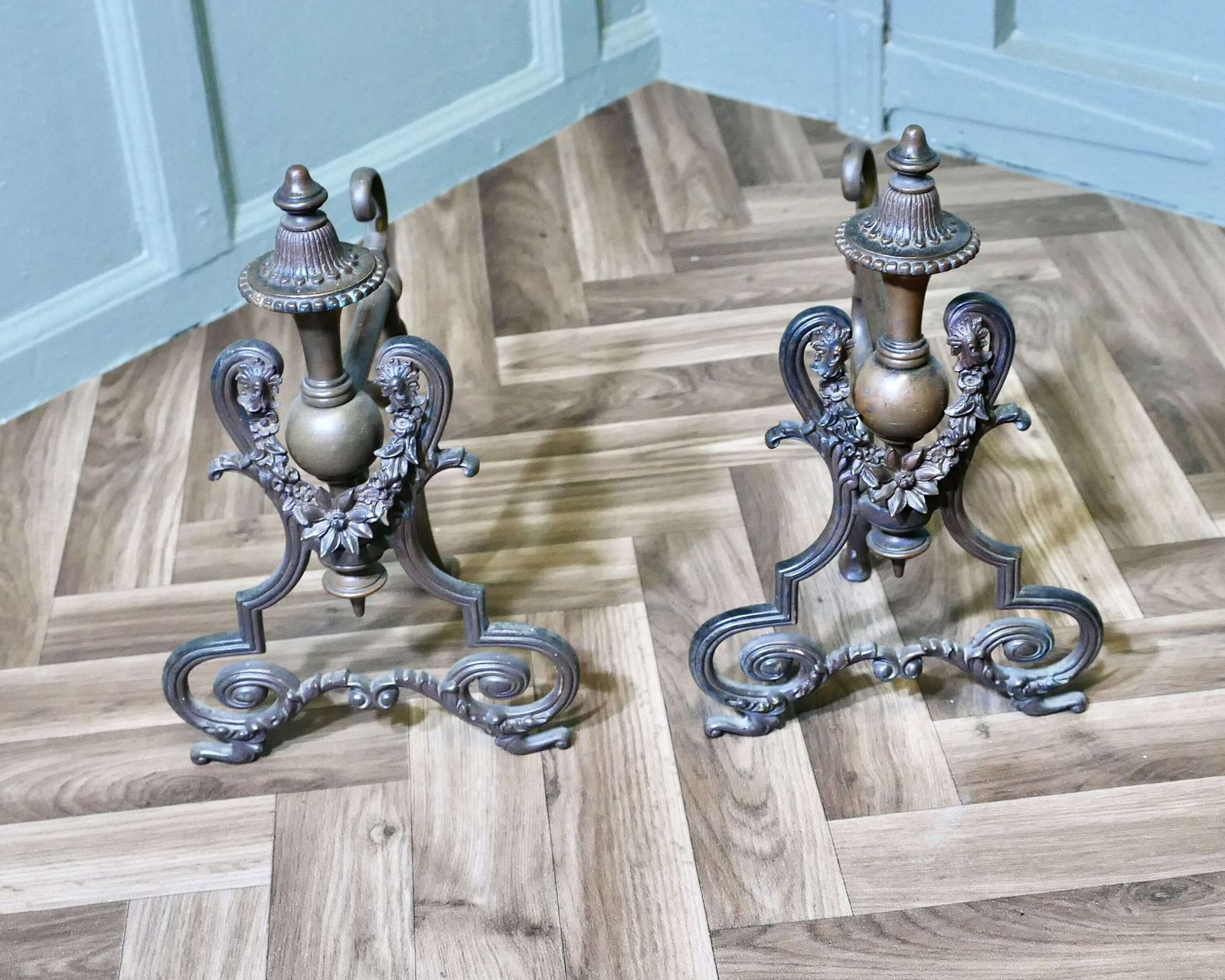 A Pair Of Decorative French Brass Andirons Or Chenets photo furniture