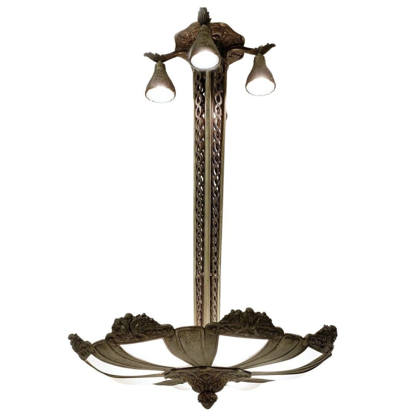 French Art Deco Frosted Glass And Bronze Pendant Chandelier, 1920s