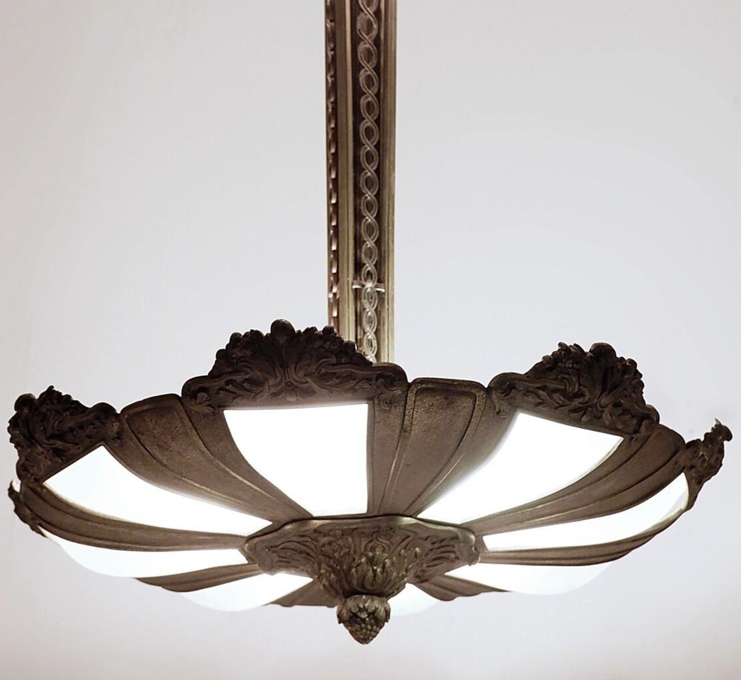 French Art Deco Frosted Glass And Bronze Pendant Chandelier, 1920s photo for sale