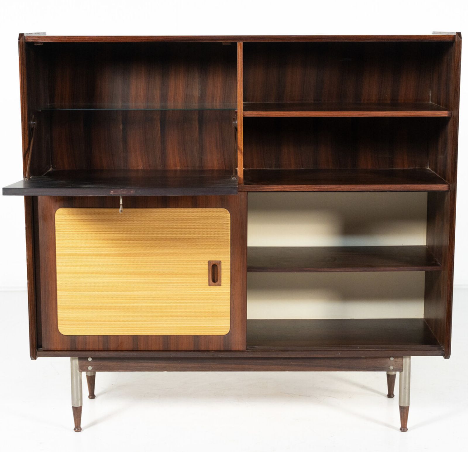 Mid Century Modern Highboard, Wood And Wicker, Italy photo vinterior