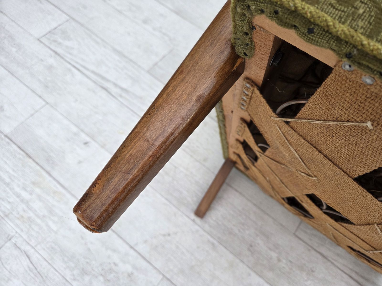 1960s, Danish Armchair, Original Green Furniture Velour, Ash Wood. photo vintage