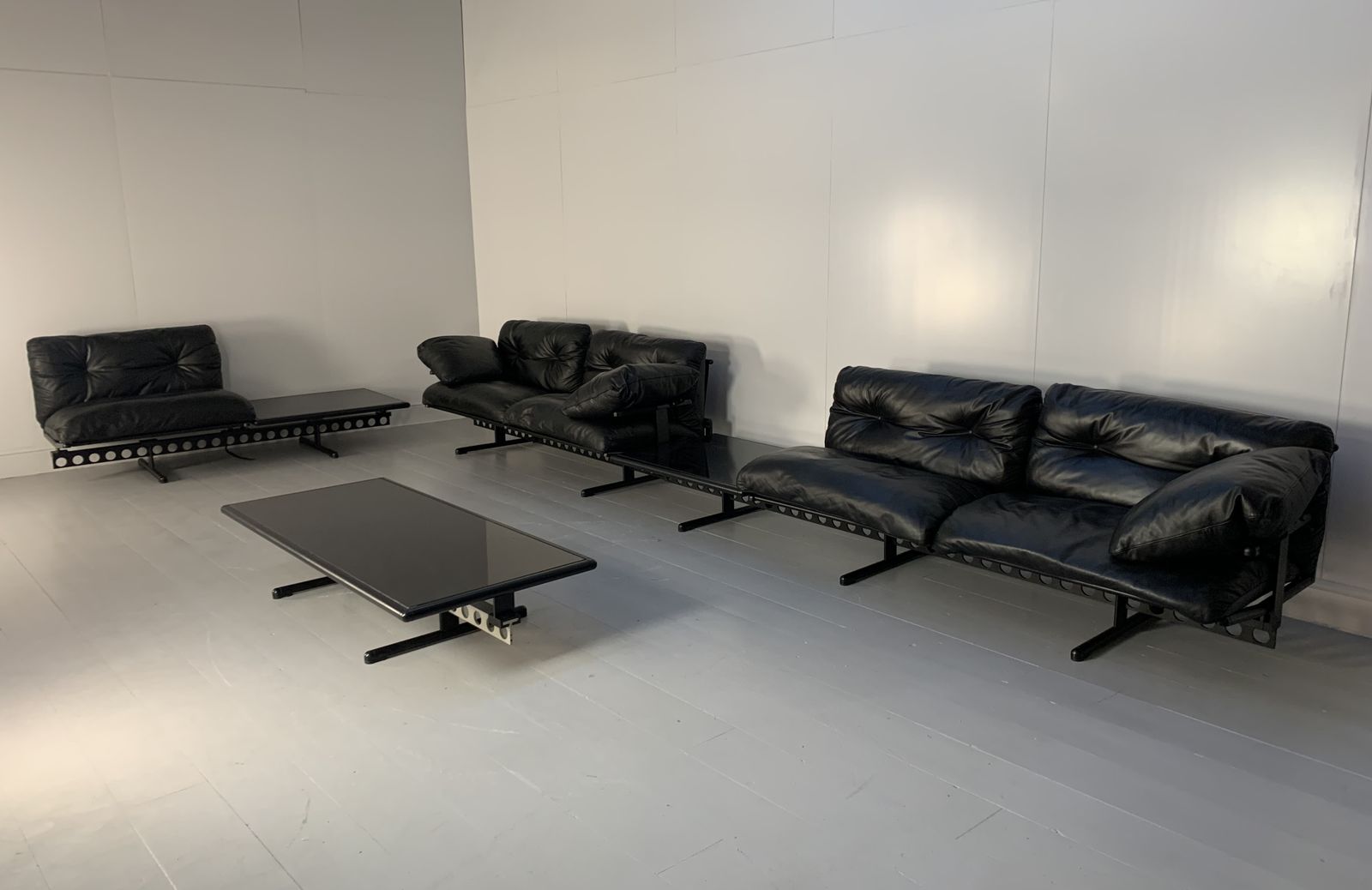 photo furniture Poltrona Frau “Ouverture” 7 Seat Sofa & Marble Table Suite – In Black “Soul” Leather