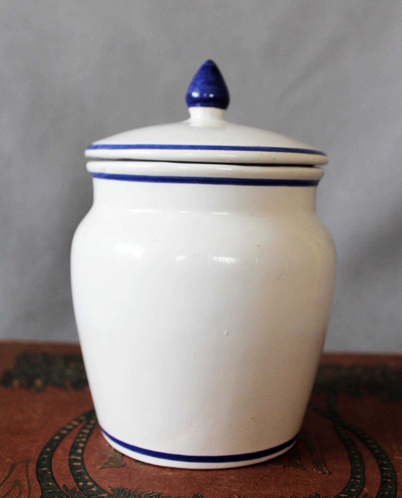 Antique Ceramic Ginger Jar, Small Lidded Jar, Delft Blue And White, Tobacco Jar, Tabac D'obourg, Dutch, Signed Ak, Angel Feather Headdress photo Home Decor