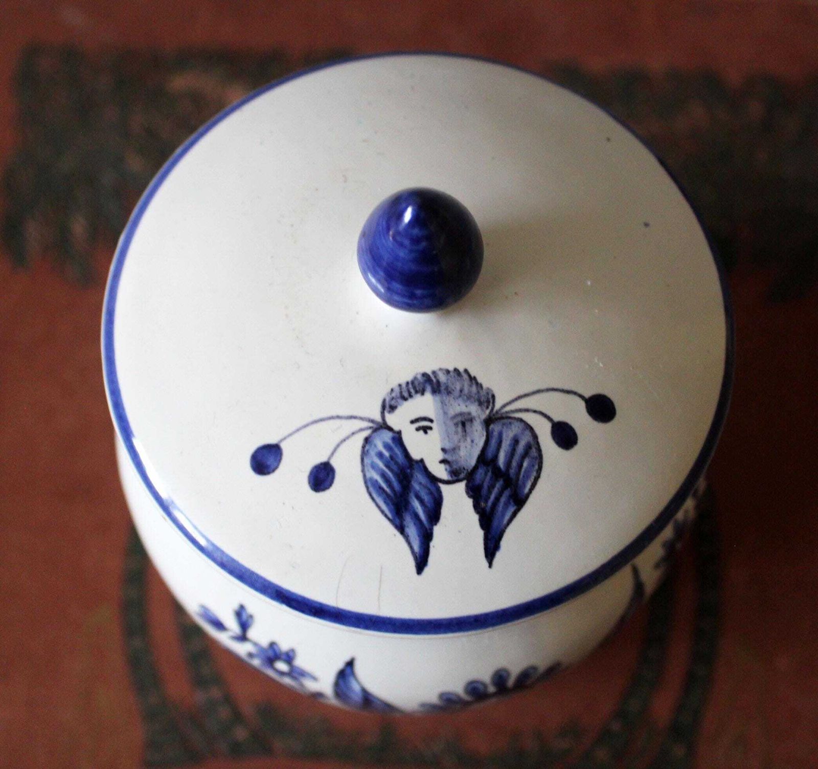 Antique Ceramic Ginger Jar, Small Lidded Jar, Delft Blue And White, Tobacco Jar, Tabac D'obourg, Dutch, Signed Ak, Angel Feather Headdress photo vinterior