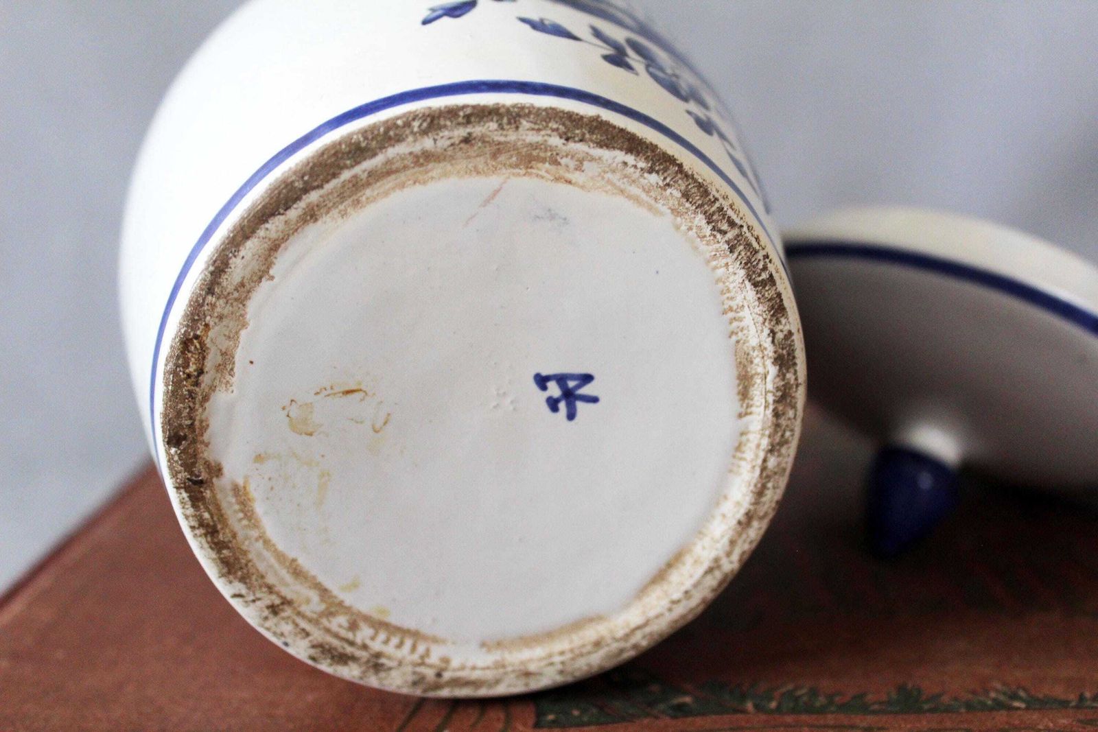 photo for sale Antique Ceramic Ginger Jar, Small Lidded Jar, Delft Blue And White, Tobacco Jar, Tabac D'obourg, Dutch, Signed Ak, Angel Feather Headdress