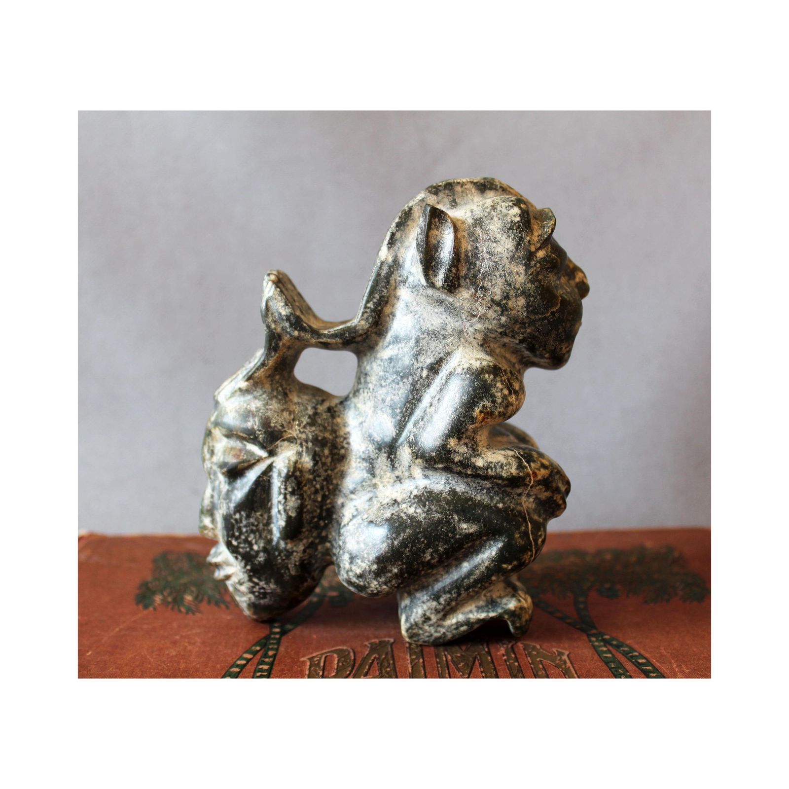 Heavy Vintage Carved Stone Sculpture, Figurine, Style Chinese Hongshan, Hand Made Neolithic Reproduction, Twin Headed, Restoration