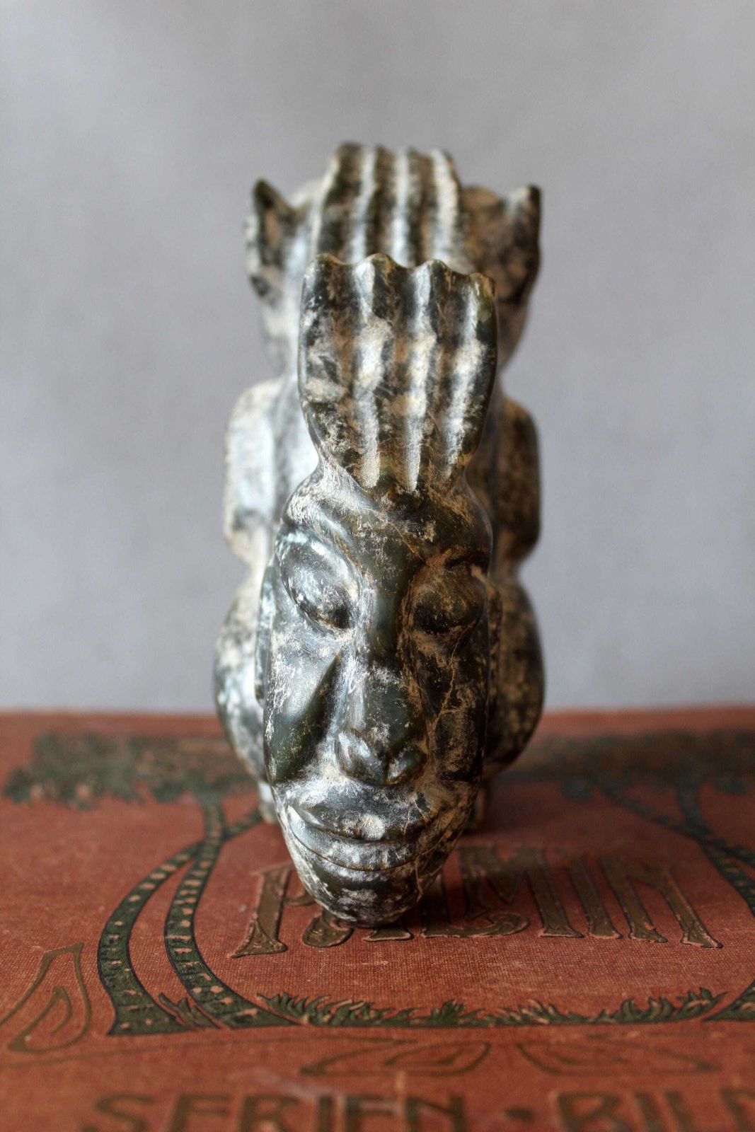 Heavy Vintage Carved Stone Sculpture, Figurine, Style Chinese Hongshan, Hand Made Neolithic Reproduction, Twin Headed, Restoration photo vinterior