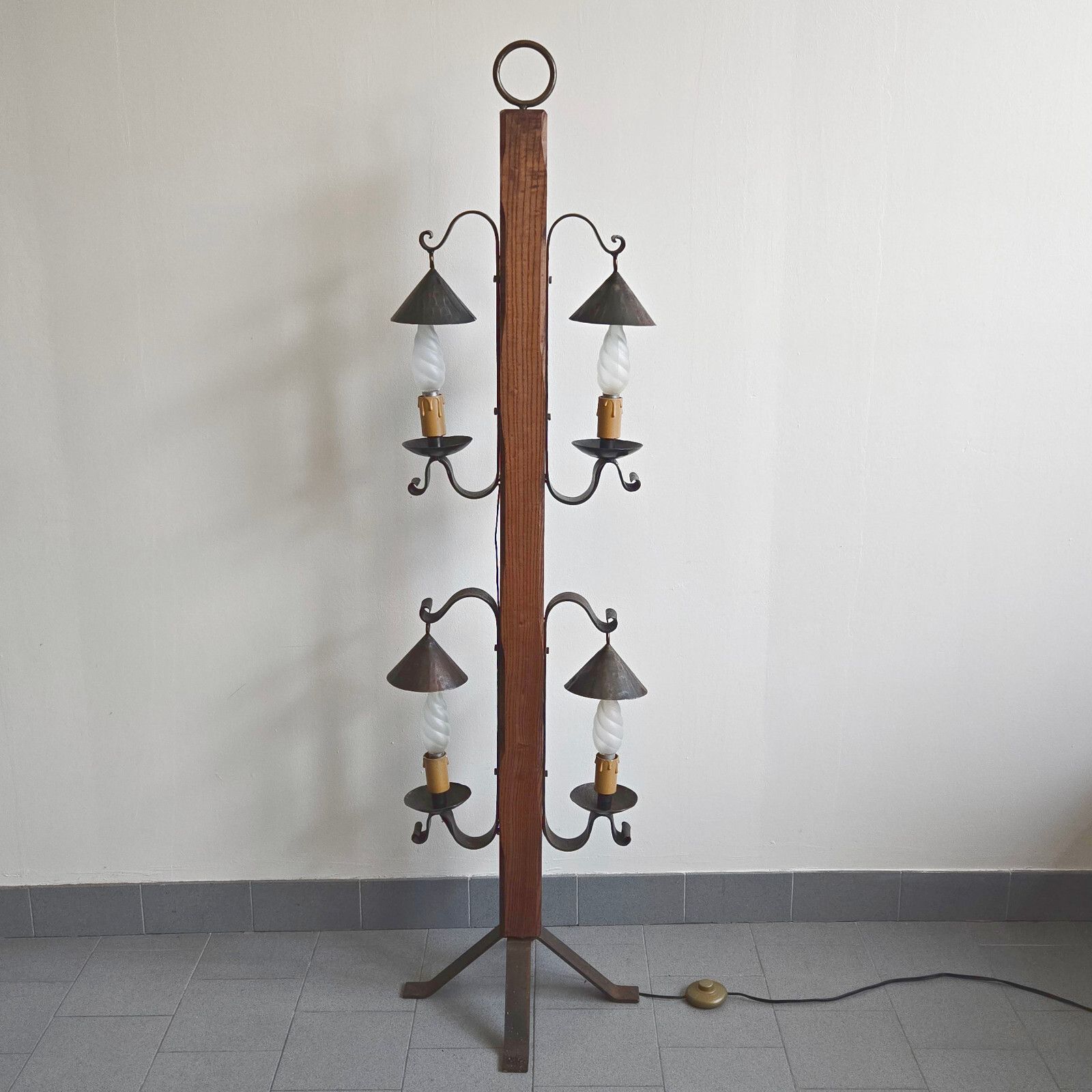Vintage 1970s Brutalist Medieval Oak & Steel Floor Lamp 70s Retro 1970s