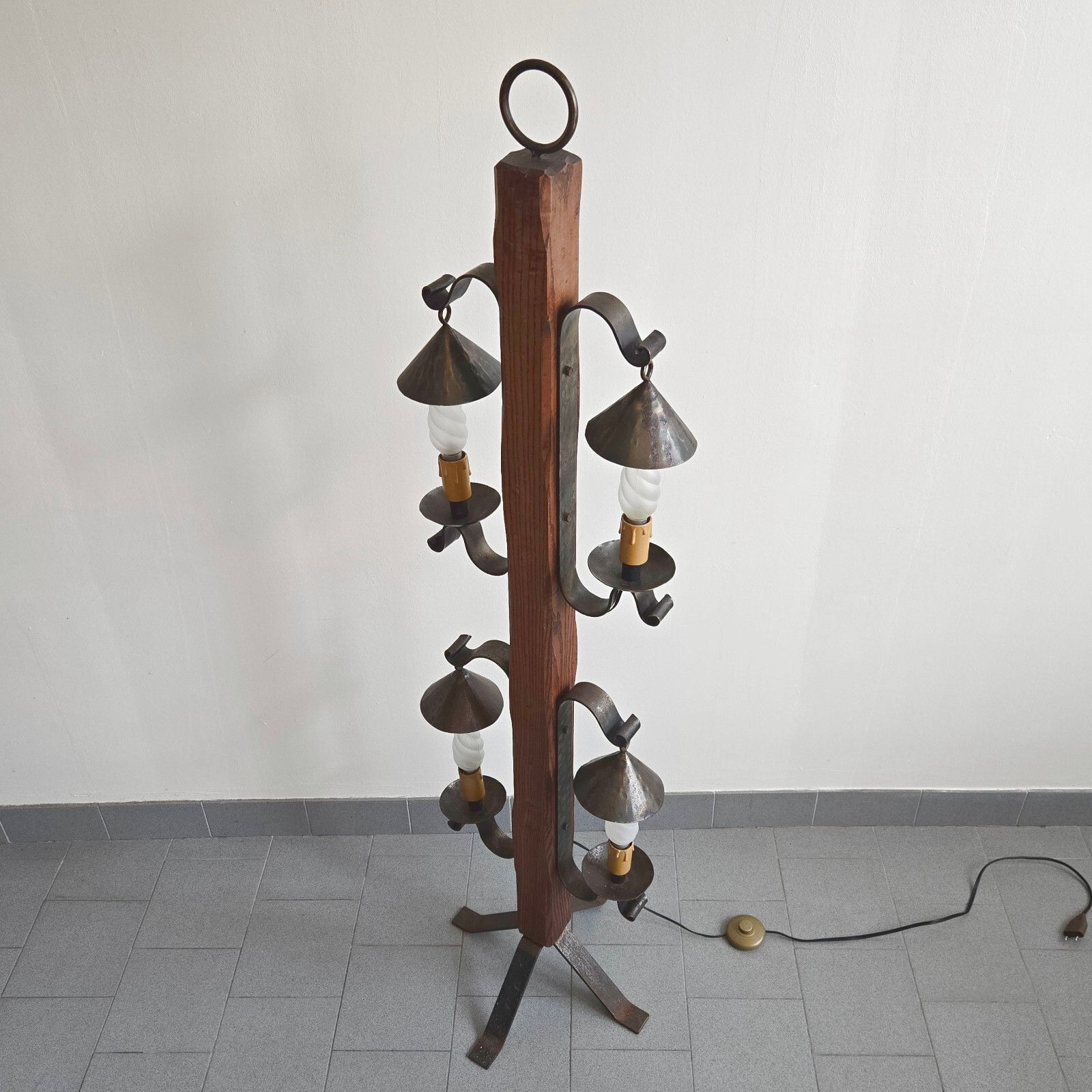 Vintage 1970s Brutalist Medieval Oak & Steel Floor Lamp 70s Retro 1970s photo furniture