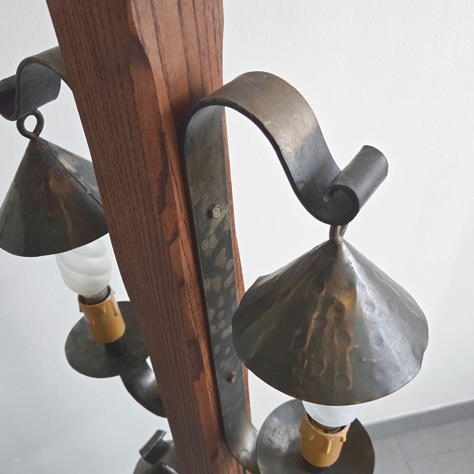 Vintage 1970s Brutalist Medieval Oak & Steel Floor Lamp 70s Retro 1970s photo vintage