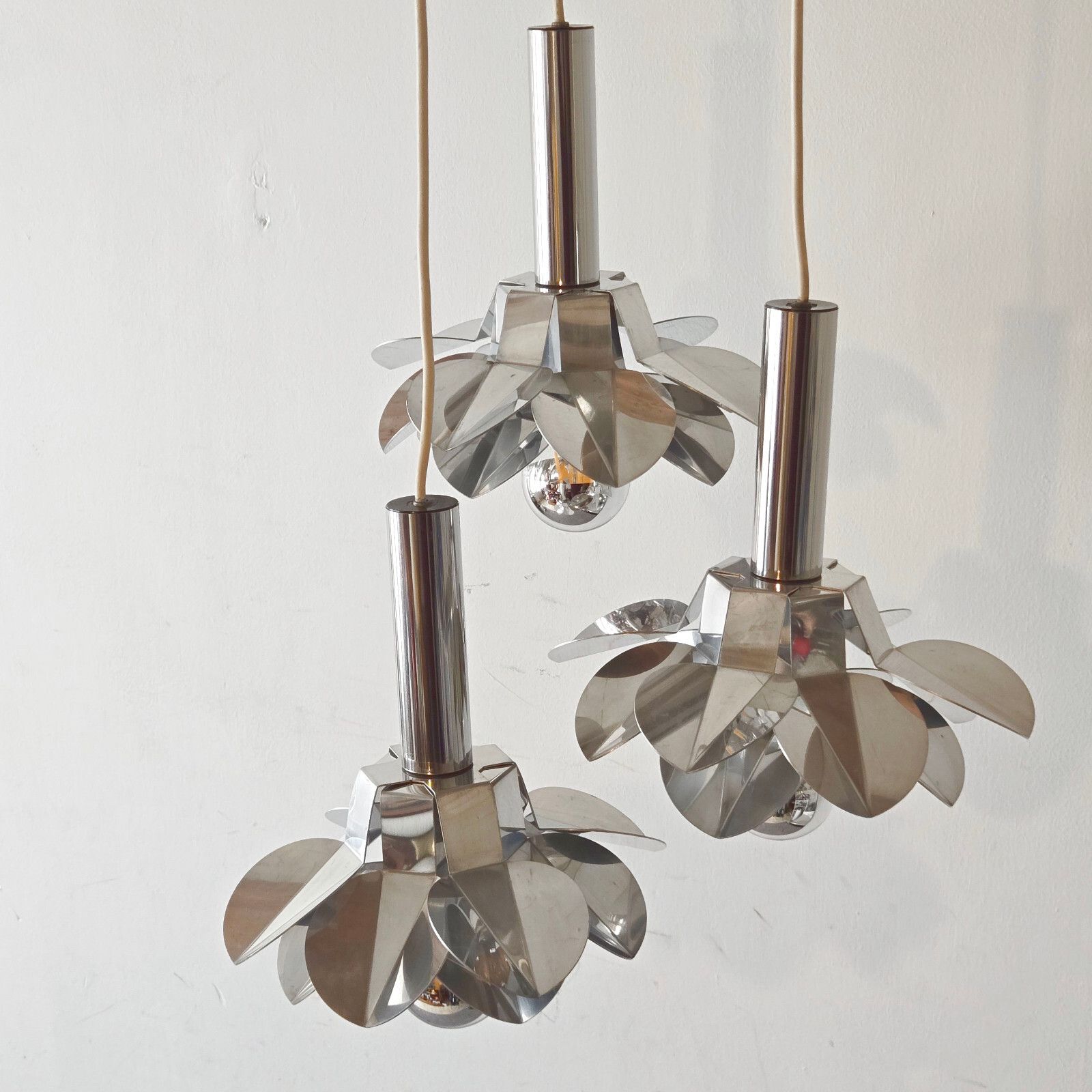 Vintage 1970s Space Age Pop Steel 70s Retro Waterfall Flower Hanging Chandelier photo Lighting