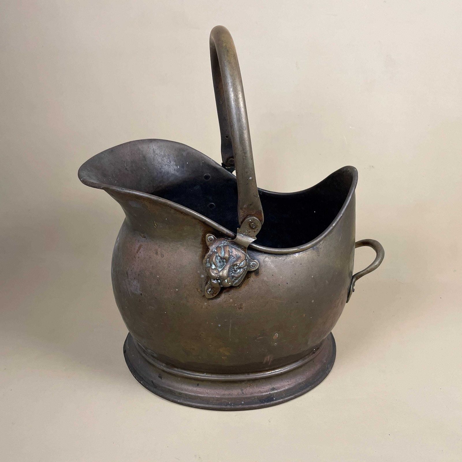 Antique Metal Gold Brass Coal Bucket Handle Fireside Fire Side Scuttle Log Helmet Farmhouse Cottage Aged Patina Vintage Fireplace Logs