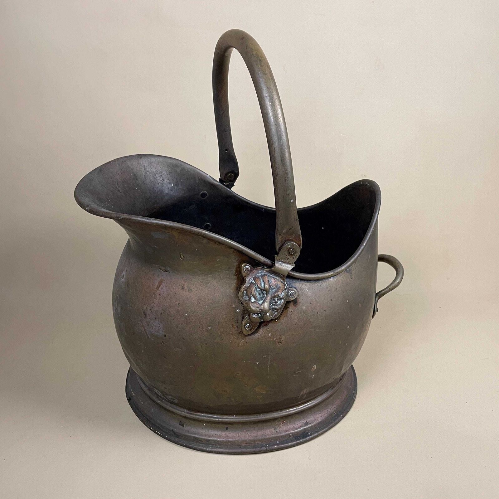 Antique Metal Gold Brass Coal Bucket Handle Fireside Fire Side Scuttle Log Helmet Farmhouse Cottage Aged Patina Vintage Fireplace Logs photo for sale
