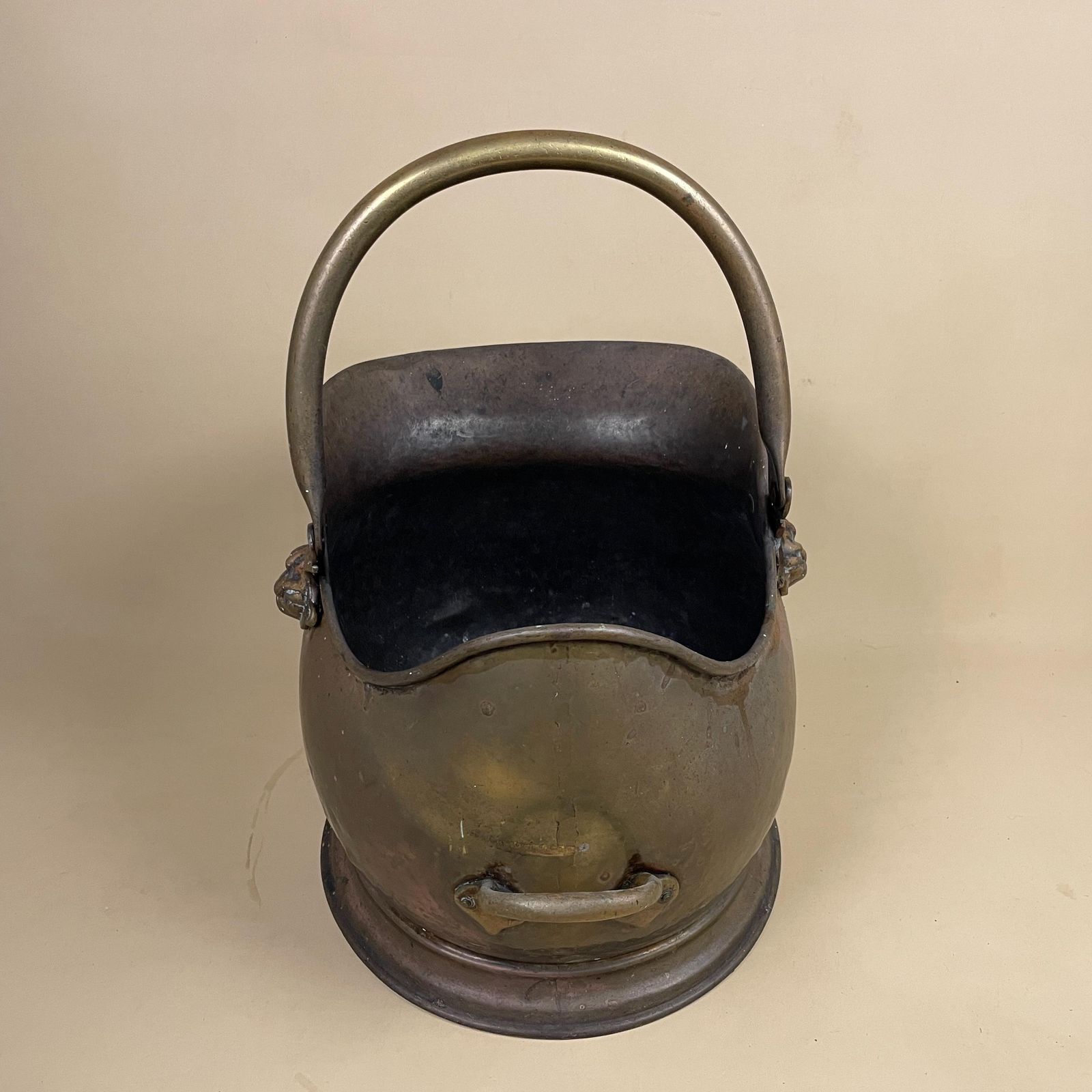 Antique Metal Gold Brass Coal Bucket Handle Fireside Fire Side Scuttle Log Helmet Farmhouse Cottage Aged Patina Vintage Fireplace Logs photo buy