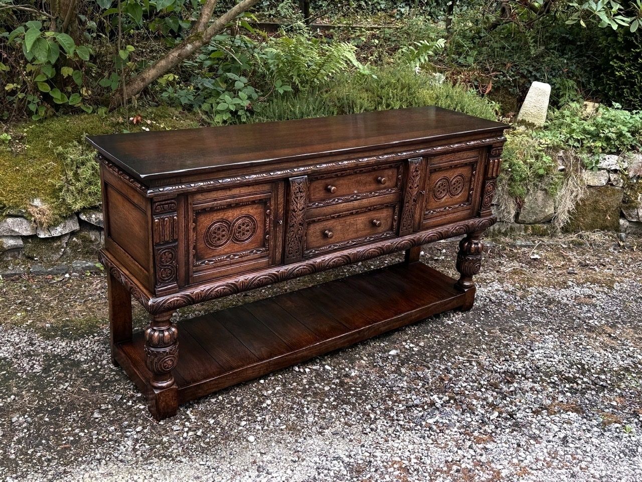 A Titchmarsh And Goodwin Jacobean Carved Oak Dresser Base / Sideboard / Hall Cabinet photo for sale