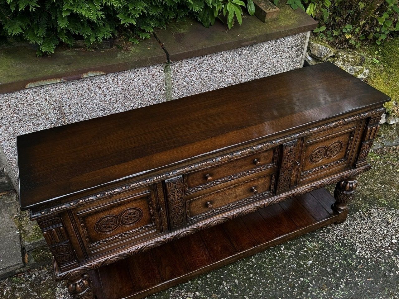A Titchmarsh And Goodwin Jacobean Carved Oak Dresser Base / Sideboard / Hall Cabinet photo vinterior
