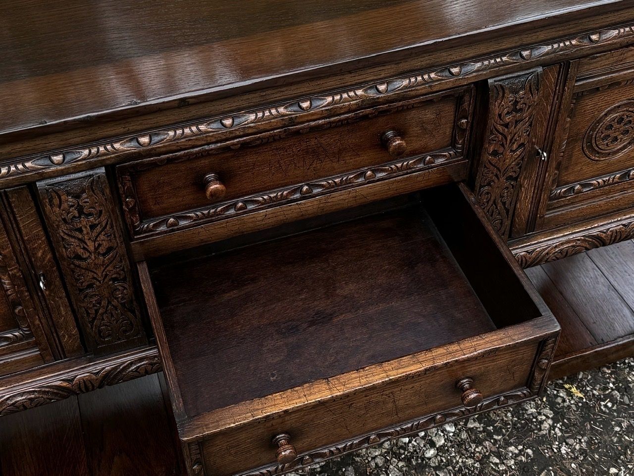 A Titchmarsh And Goodwin Jacobean Carved Oak Dresser Base / Sideboard / Hall Cabinet photo vintage