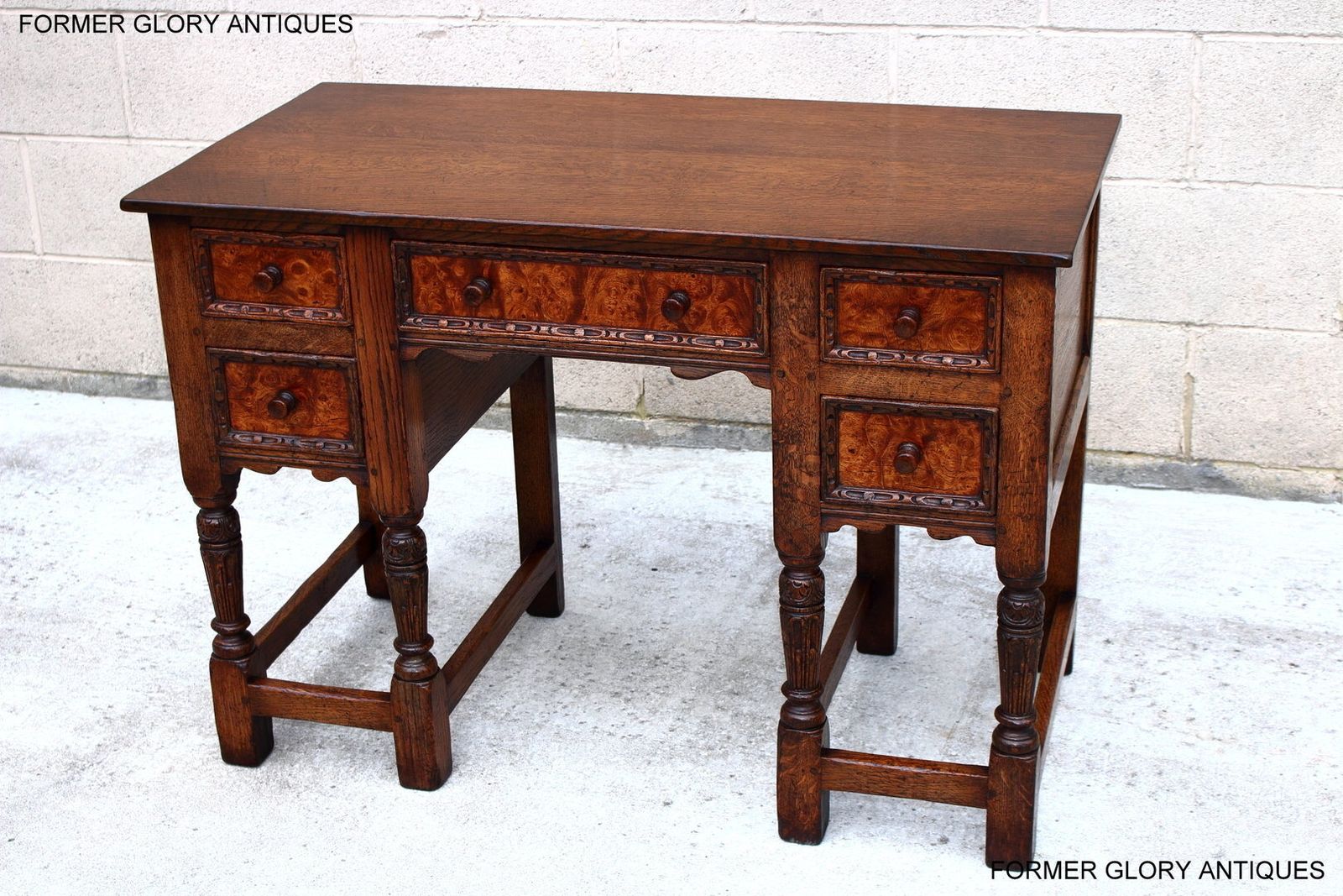A 1920's Titchmarsh And Goodwin Style Carved Stressed Oak Burr Walnut Kneehole Desk / Writing Table photo furniture