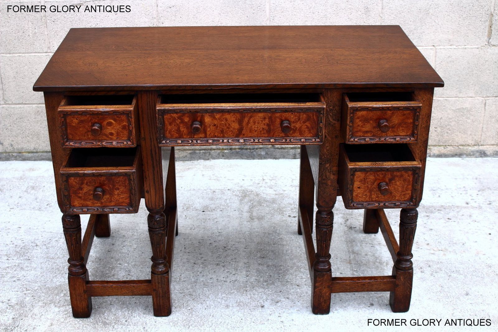 A 1920's Titchmarsh And Goodwin Style Carved Stressed Oak Burr Walnut Kneehole Desk / Writing Table photo Furniture