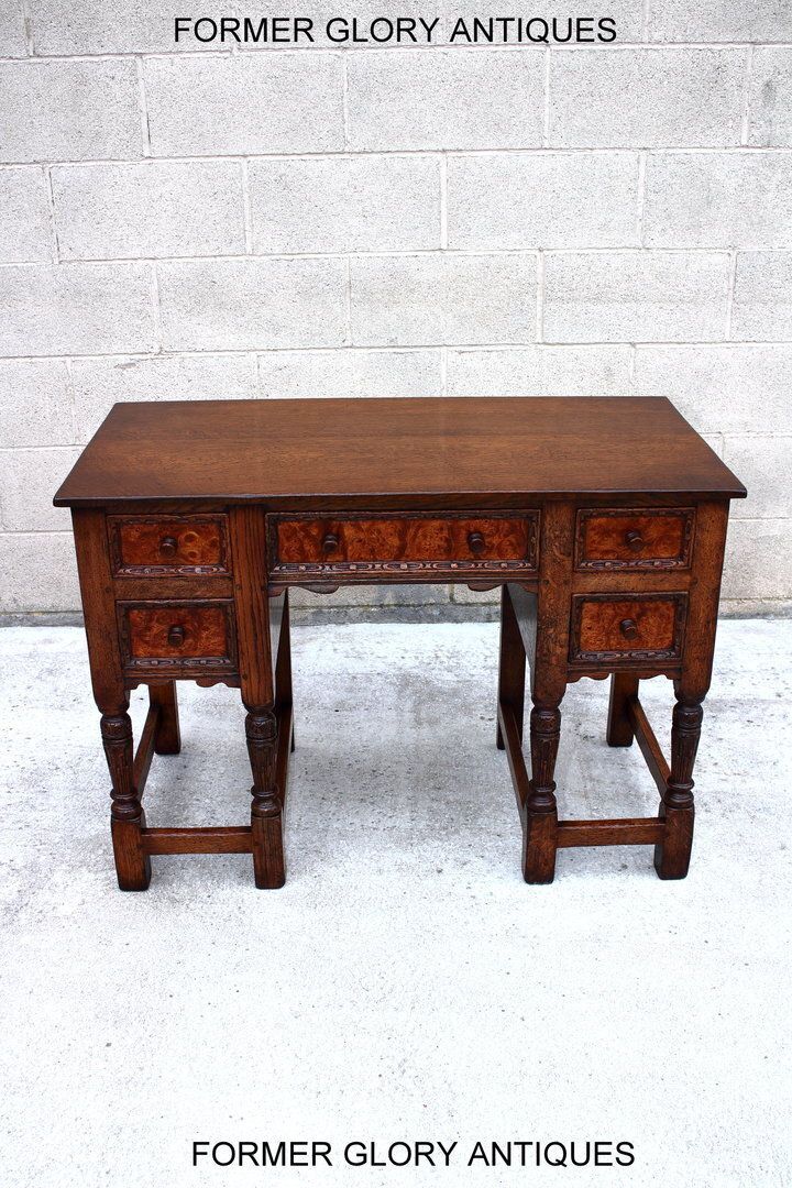 photo for sale A 1920's Titchmarsh And Goodwin Style Carved Stressed Oak Burr Walnut Kneehole Desk / Writing Table