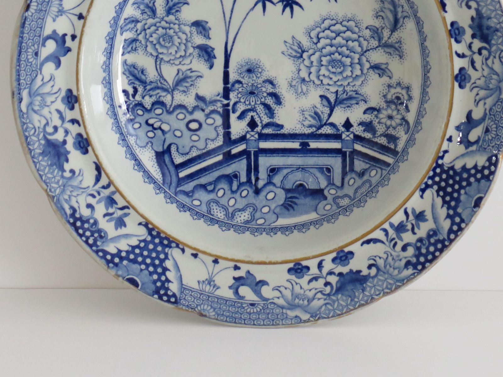 Georgian Davenport Ironstone Soup Plate Or Bowl Bamboo & Peony Ptn 15, Ca 1815 photo for sale